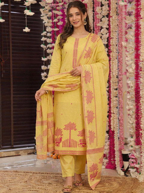 VS MALL Women Ethnic Motifs Printed Regular Pure Cotton Kurta with Trousers & With Dupatta