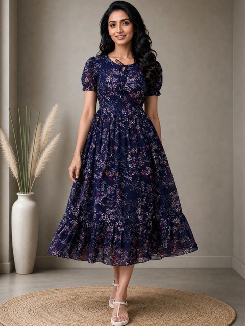 QENA Floral Print Puff Sleeve Georgette A-Line Midi Dress