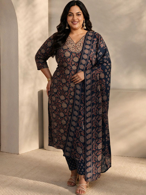 EXTRA LOVE BY LIBAS Women Ethnic Motifs Printed Regular Thread Work Kurta with Trousers & With Dupatta