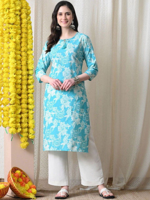 BKApparels Adults-Women Printed Thread Work Floral ZARI Kurta