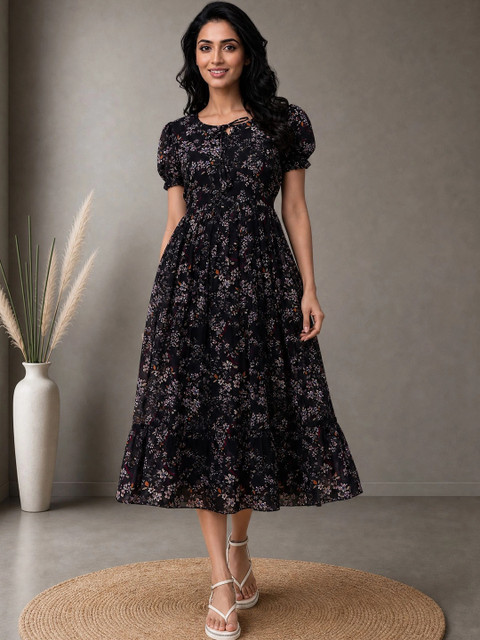 QENA Floral Print Puff Sleeve Georgette A-Line Midi Dress