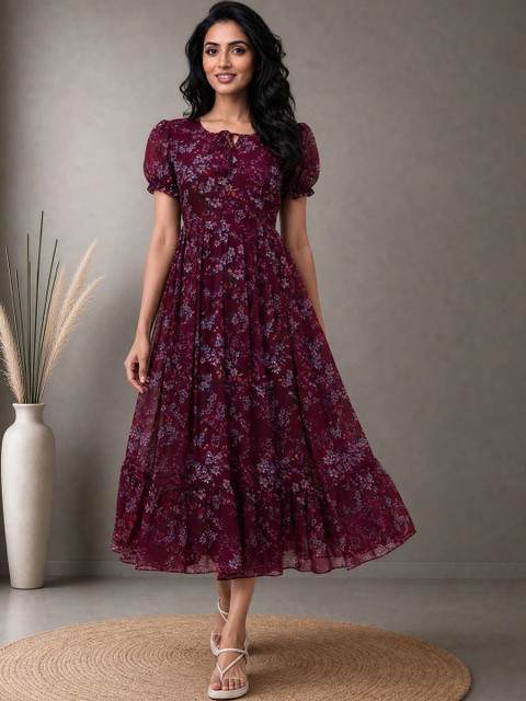 QENA Floral Print Puff Sleeve Ruffled Georgette A-Line Midi Dress