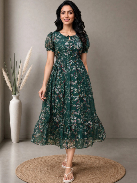 QENA Floral Print Puff Sleeve Georgette A-Line Midi Dress