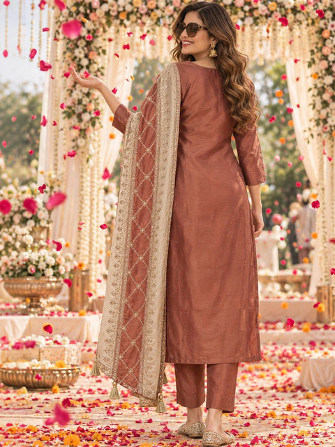 Berrylicious Women Sequinned Embroidered Silk Kurta with Pant & Embroidered Dupatta - Image 2