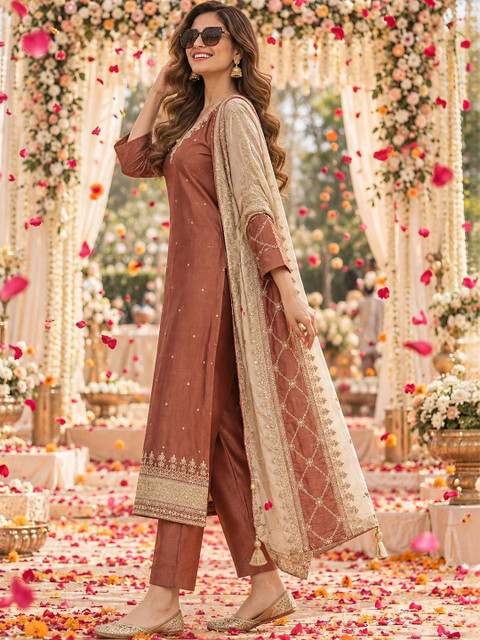 Berrylicious Women Sequinned Embroidered Silk Kurta with Pant & Embroidered Dupatta - Image 4