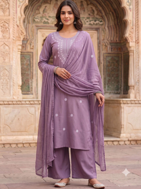 Bunkari Women Ethnic Motifs Embroidered Regular Thread Work Pure Cotton Kurta with Palazzos & With Dupatta