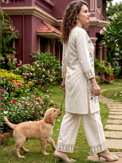 Off White Embroidered Tunic with Printed Palazzos - Image 3