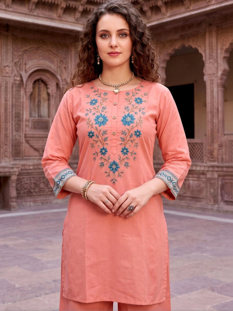 Peach-Coloured Embroidered Tunic with Printed Trousers - Image 2