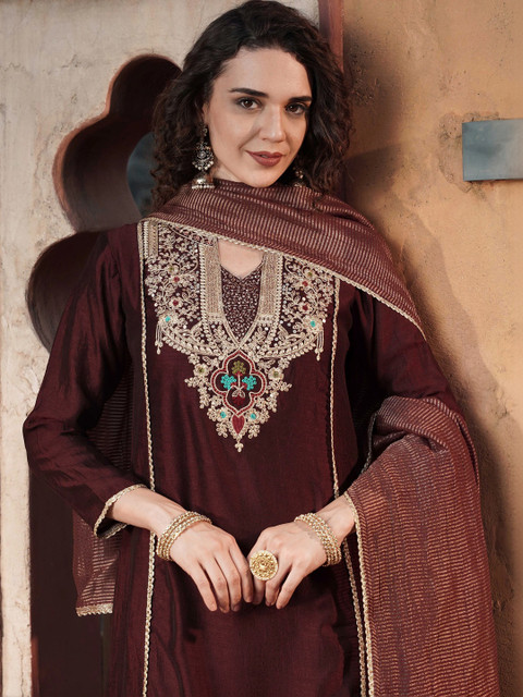 all about you Women Ethnic Motifs Embroidered Regular Kurta with Trousers & With Dupatta - Image 7