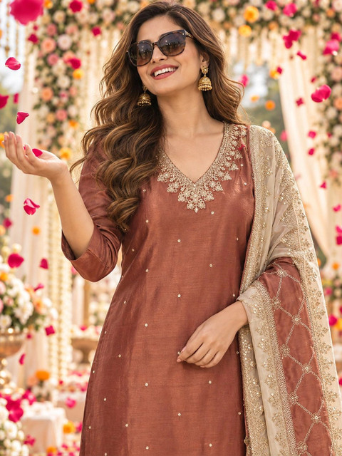 Berrylicious Women Sequinned Embroidered Silk Kurta with Pant & Embroidered Dupatta - Image 3