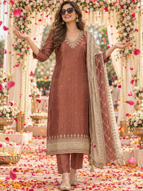 Berrylicious Women Sequinned Embroidered Silk Kurta with Pant & Embroidered Dupatta