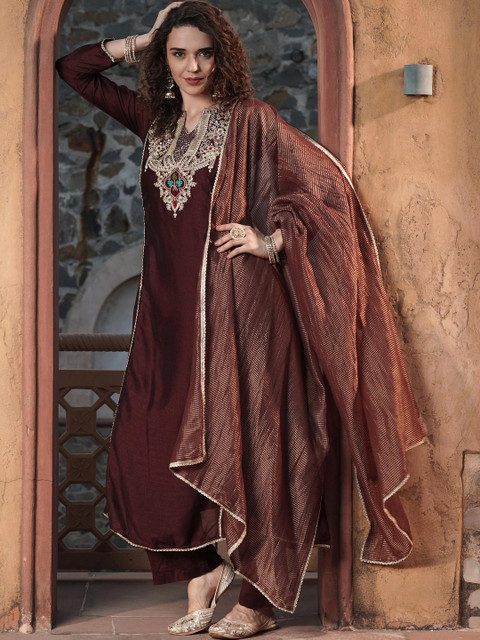 all about you Women Ethnic Motifs Embroidered Regular Kurta with Trousers & With Dupatta