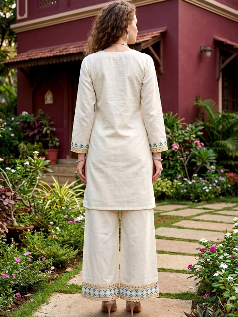 Off White Embroidered Tunic with Printed Palazzos - Image 4