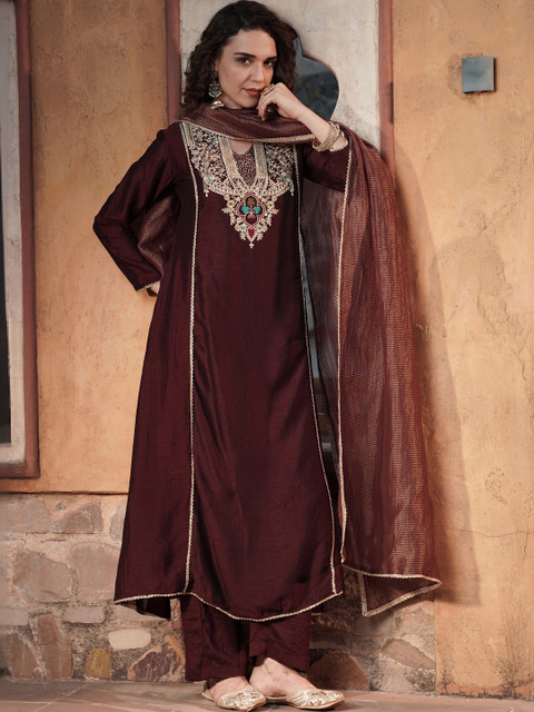 all about you Women Ethnic Motifs Embroidered Regular Kurta with Trousers & With Dupatta - Image 4
