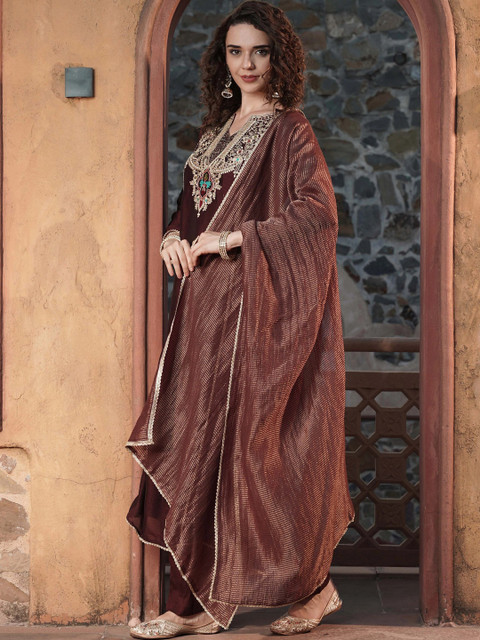 all about you Women Ethnic Motifs Embroidered Regular Kurta with Trousers & With Dupatta - Image 2