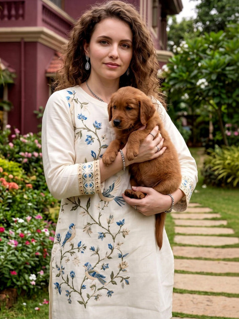 Off White Embroidered Tunic with Printed Palazzos - Image 2