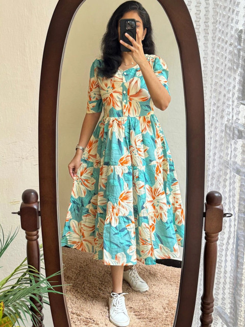 AURIPRX FASHION Floral Print Puff Sleeve A-Line Midi Dress