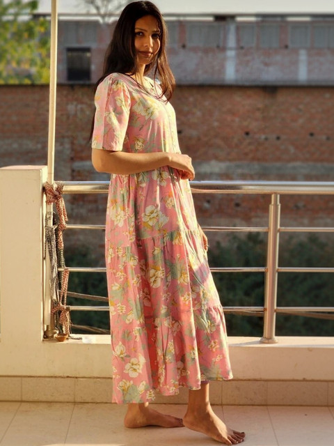 AURIPRX FASHION Floral Print Puff Sleeve A-Line Maxi Dress - Image 3