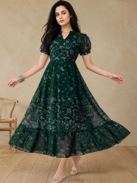 Moda Rapido Floral Print Puff Sleeve Georgette Fit and Flare Midi Dress