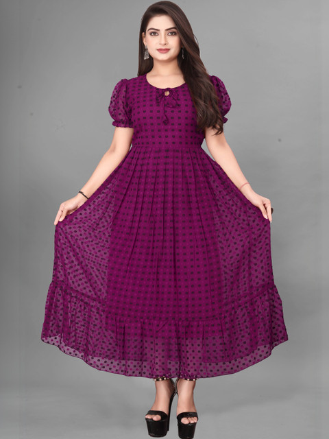 Moda Rapido Polka Dot Print Puff Sleeve Georgette A-Line Maxi Dress