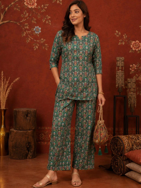 Sangria Indigo Cotton Printed Tunic with Trousers