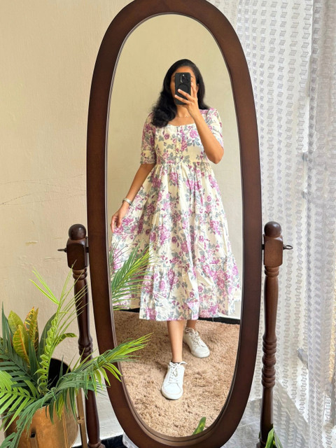 AURIPRX FASHION Floral Print Puff Sleeve A-Line Midi Dress - Image 4