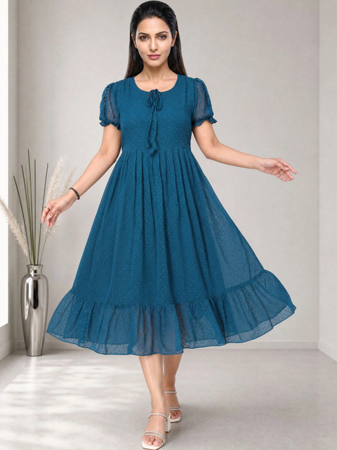 Moda Rapido Tie-Up Neck Puff Sleeve Ruffled Georgette A-Line Midi Dress