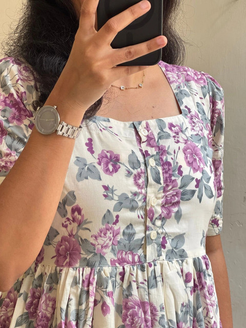 AURIPRX FASHION Floral Print Puff Sleeve A-Line Midi Dress - Image 6