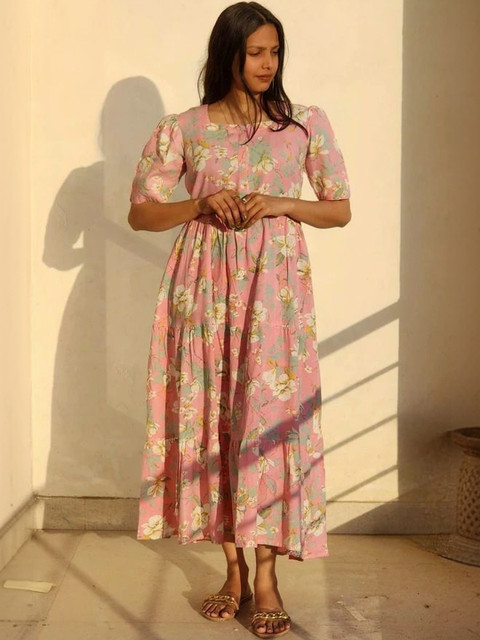 AURIPRX FASHION Floral Print Puff Sleeve A-Line Maxi Dress - Image 6