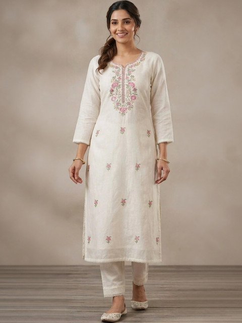 DEV DESIGNER Women Floral Embroidered Cotton Kurta with Trousers - Image 5