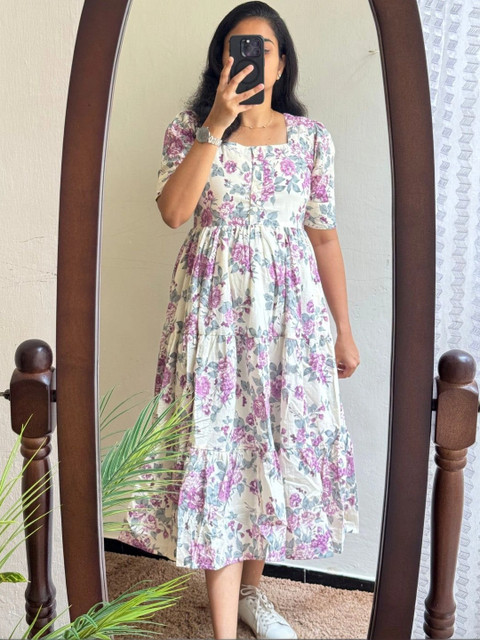 AURIPRX FASHION Floral Print Puff Sleeve A-Line Midi Dress