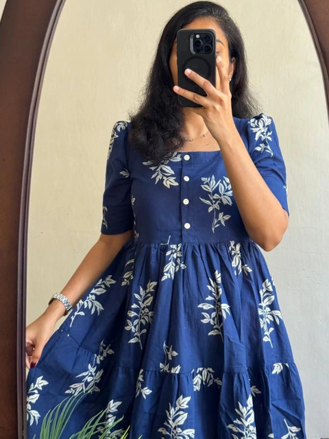 AURIPRX FASHION Floral Print Puff Sleeve A-Line Midi Dress - Image 5