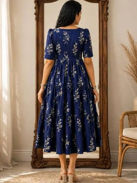 AURIPRX FASHION Floral Print Puff Sleeve A-Line Midi Dress - Image 2