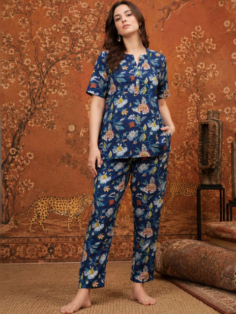Sangria Indigo Cotton Printed Tunic with Trousers
