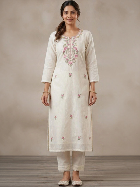 DEV DESIGNER Women Floral Embroidered Cotton Kurta with Trousers