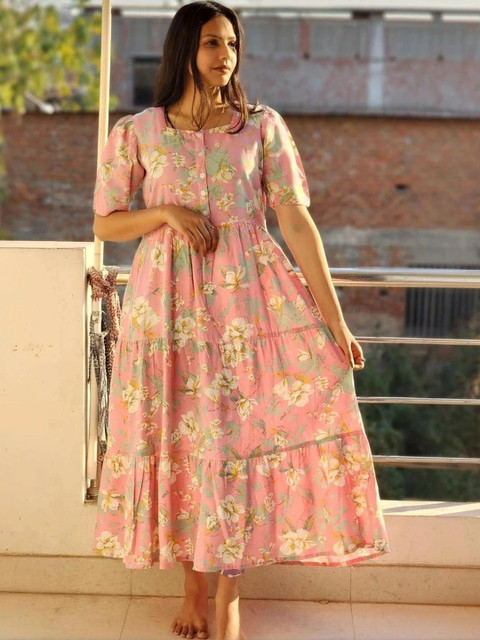 AURIPRX FASHION Floral Print Puff Sleeve A-Line Maxi Dress