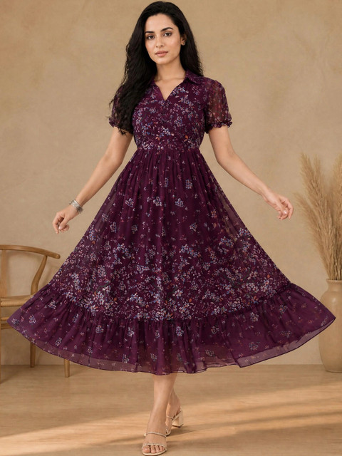 Moda Rapido Floral Print Puff Sleeve Georgette A-Line Midi Dress