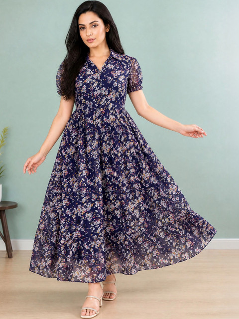 Moda Rapido Floral Print Puff Sleeve Georgette A-Line Maxi Dress