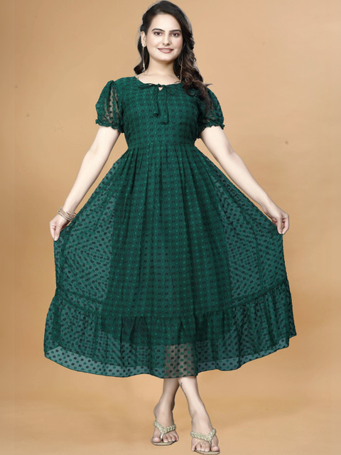 Moda Rapido Puff Sleeve Georgette Fit & Flare Midi Dress