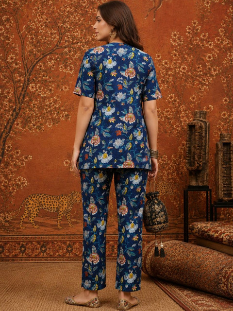 Sangria Indigo Cotton Printed Tunic with Trousers - Image 3