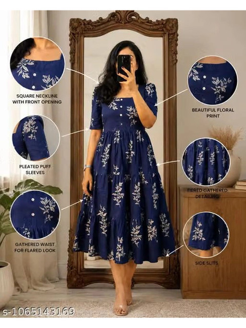 AURIPRX FASHION Floral Print Puff Sleeve A-Line Midi Dress - Image 3