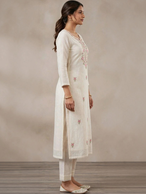 DEV DESIGNER Women Floral Embroidered Cotton Kurta with Trousers - Image 3