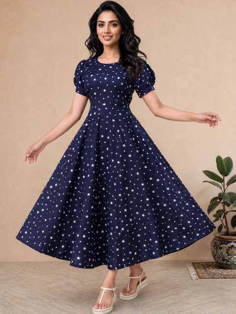 Moda Rapido Star Print Puff Sleeve Crepe A-Line Midi Dress