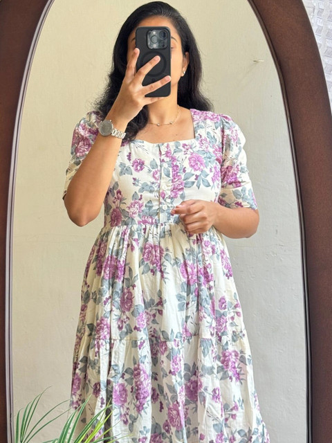 AURIPRX FASHION Floral Print Puff Sleeve A-Line Midi Dress - Image 3