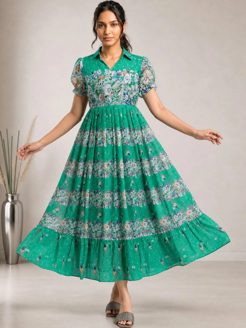 Moda Rapido Floral Print Puff Sleeve Georgette A-Line Midi Dress