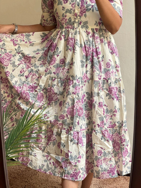 AURIPRX FASHION Floral Print Puff Sleeve A-Line Midi Dress - Image 2