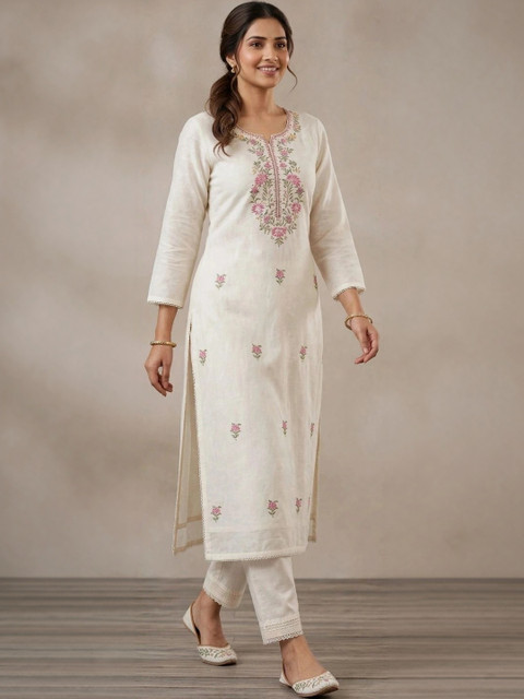 DEV DESIGNER Women Floral Embroidered Cotton Kurta with Trousers - Image 2