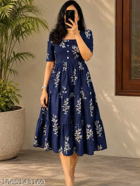 AURIPRX FASHION Floral Print Puff Sleeve A-Line Midi Dress
