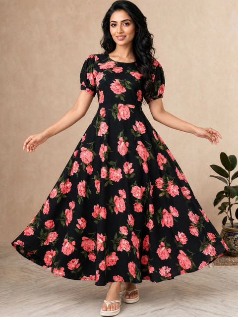 Moda Rapido Floral Print Puff Sleeve Crepe A-Line Maxi Dress