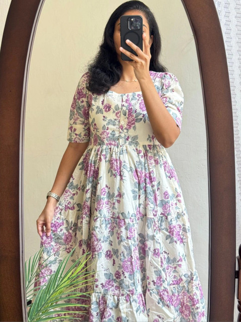 AURIPRX FASHION Floral Print Puff Sleeve A-Line Midi Dress - Image 5